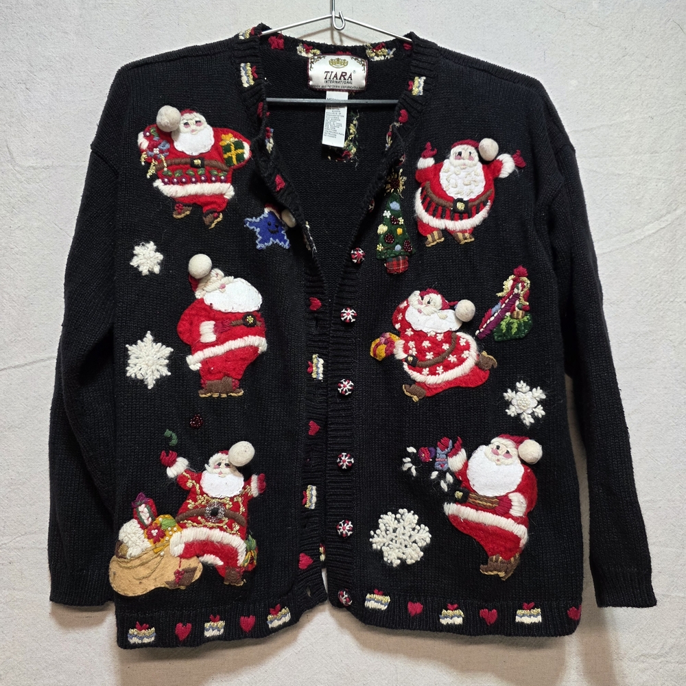 Tiara Black Cardigan with Santa Designs Christmas Ugly Sweater.
